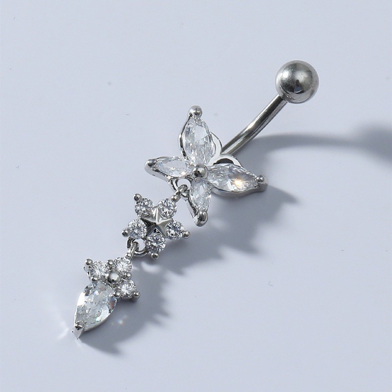 Butterfly Flower Water Drop Zircon Pendant Navel Ring Belly Button Ring Gold Copper Body Piercing Jewelry - Image 2