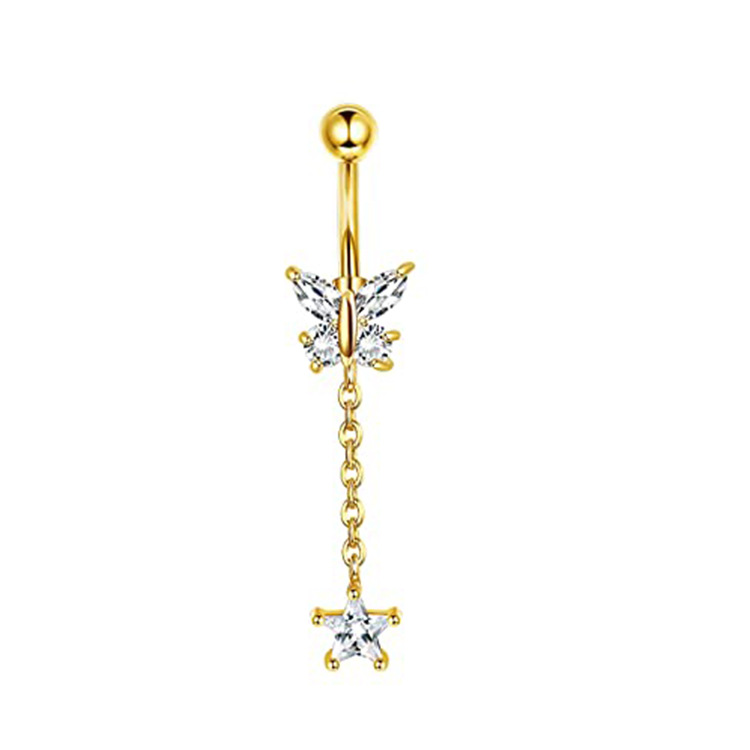 Women's Rose Gold Belly Button Ring Butterfly Zircon Crystal Navel Piercing Jewelry Stainless Steel - Image 3