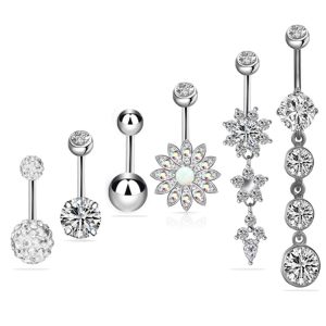 6-Piece Stainless Steel Zircon Diamond Navel Ring Set with Opal & CZ - Gold Plated Belly Button Jewelry