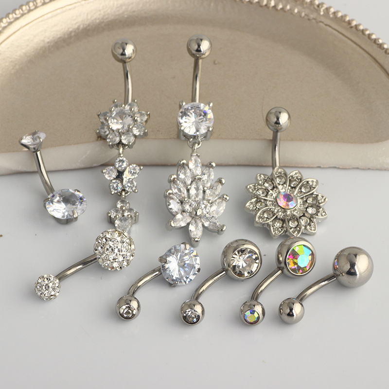 Rose Gold Flower Diamond Navel Ring Stainless Steel Dangle Belly Button Piercing 9-Piece Set - Image 3