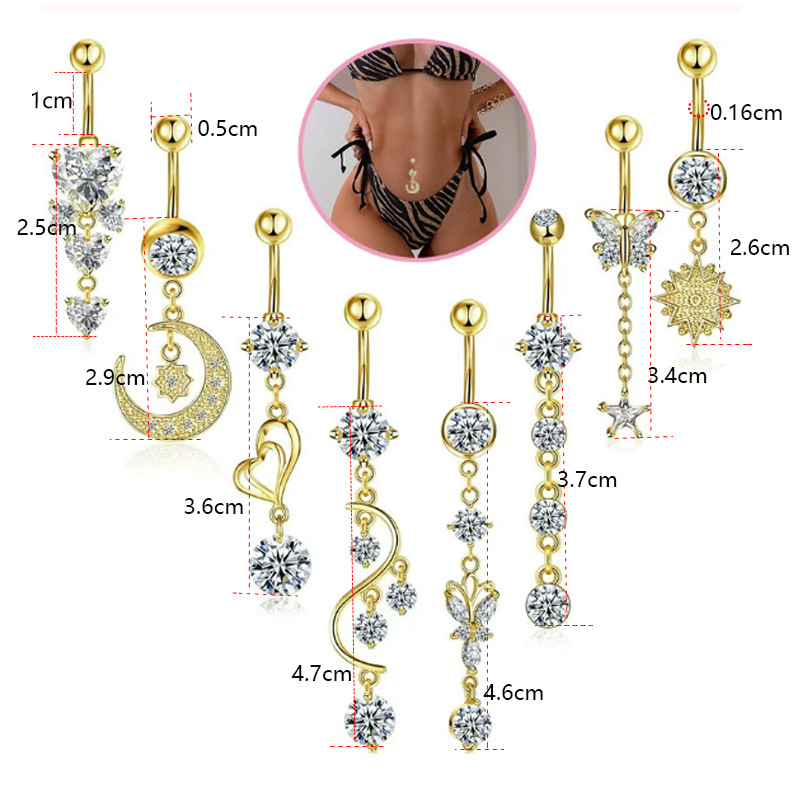 Stainless Steel Belly Button Ring Set - 8 Piece Butterfly Star Dangle Umbilical Jewelry Gold - Image 2