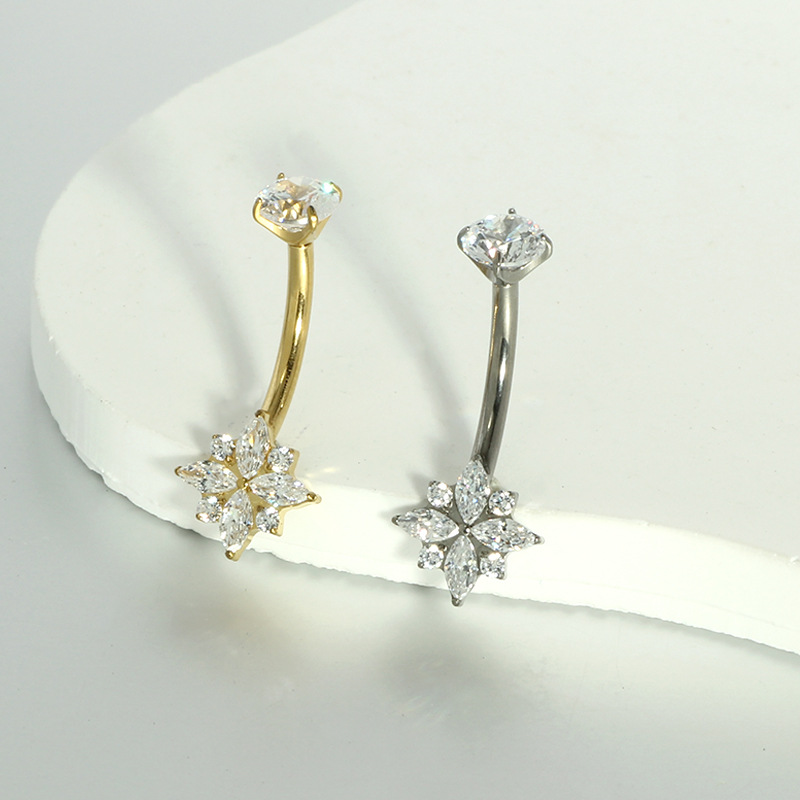 G23 Titanium Inlaid Zircon Marquise Navel Stud - Internally Threaded Belly Button Ring - Image 3