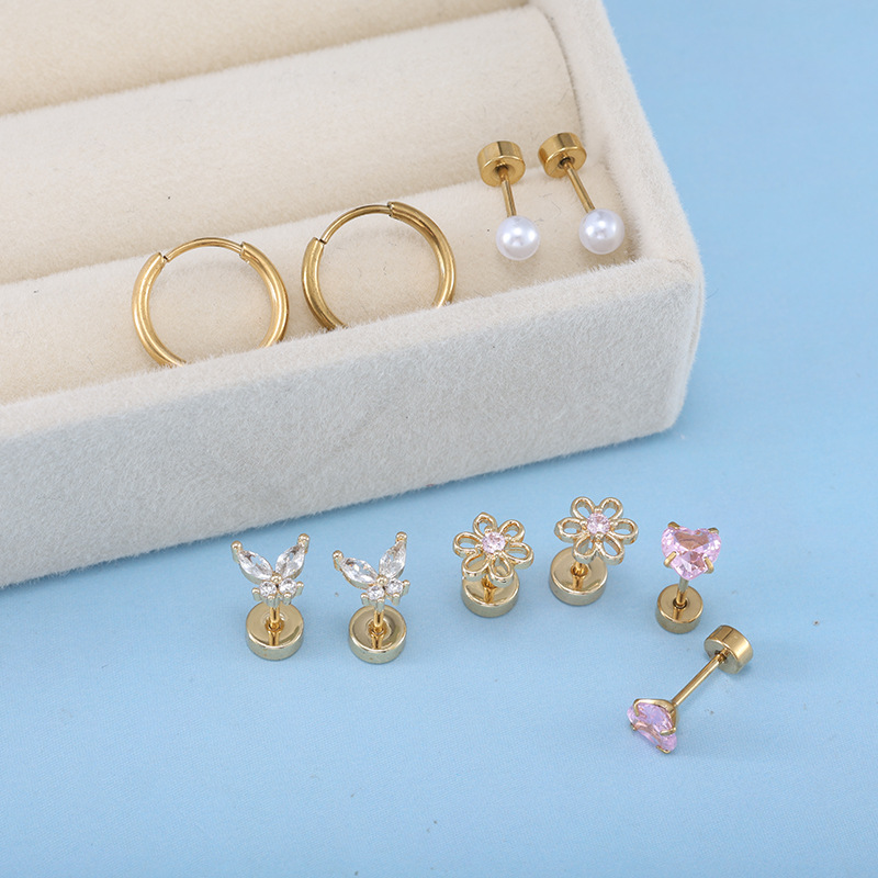 10-Piece Sweet Style Ear Stud Set - Flat Back Heart Butterfly Flower Ear Clips Stainless Steel - Image 2