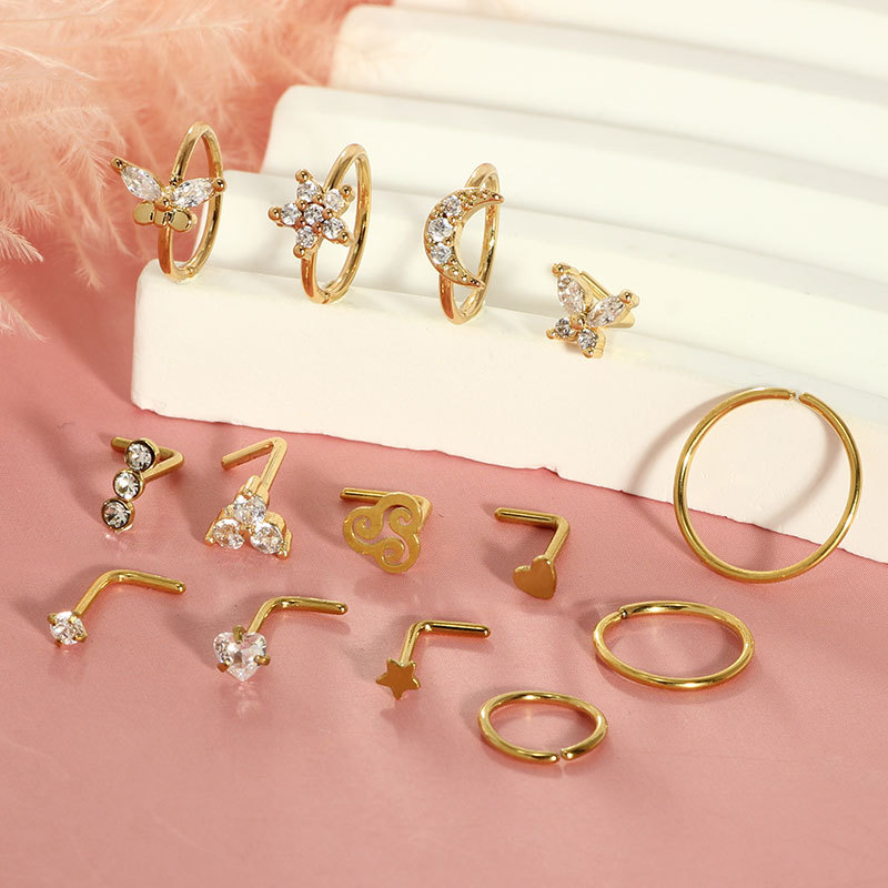 14G Heart Nose Ring Stainless Steel Nose Stud Piercing Jewelry Set of 14 - Silver Zircon - Image 4