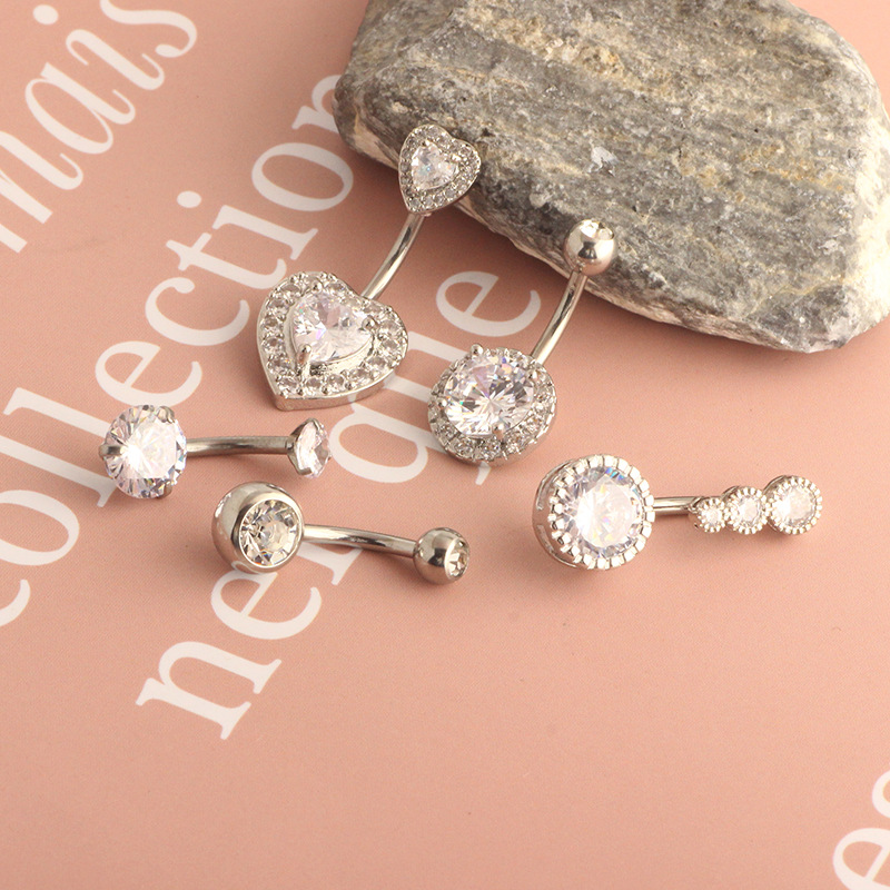 Stainless Steel Heart Navel Ring with Copper Inlaid Zircon - Rose Gold Belly Button Jewelry - Image 2