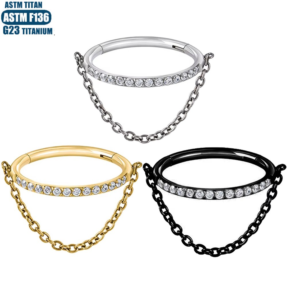 F136 Titanium Alloy Chain Puncture Nose Ring Side Zircon Seamless Open Ring Nasal Septum Ring Conch Pierced Earrings - Image 5