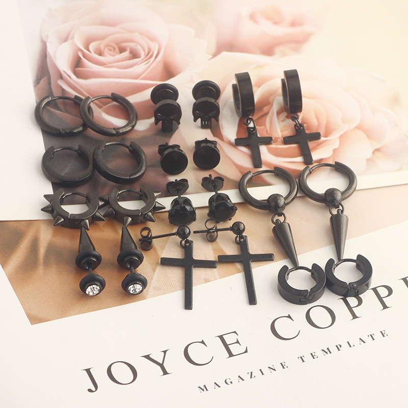 12 Pair Black Stainless Steel Cross Dumbbell Earrings Set - Cartilage Hoops for Men Women - Image 3