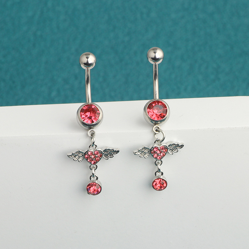 Stainless Steel Inlaid Zircon Angel Wing Navel Ring - Full Diamond Love Belly Button Ring Cross-Border Hot Pink - Image 3