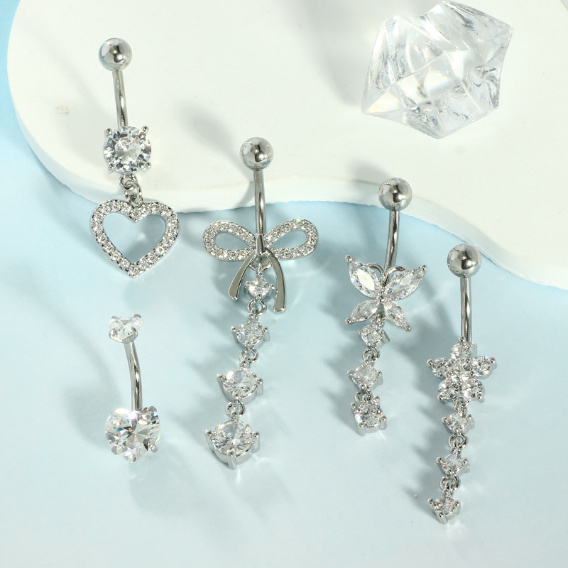 5-Piece Rose Gold Stainless Steel Belly Button Ring Set, Heart Butterfly Pendants, Zirconium Navel Ring Piercing Jewelry Wholesale - Image 4