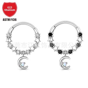 Black Zircon Moon G23 Titanium Nose Ring - 1.2mm x 10mm - ASTM F136 Titanium Alloy Body Piercing Jewelry Customizable