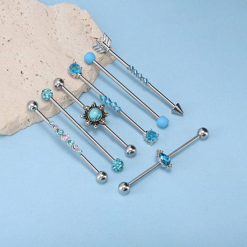 Industrial Ear Studs 7-Piece Set 14G Crown Full Diamond Round Piercing Jewelry Stainless Steel - Image 2