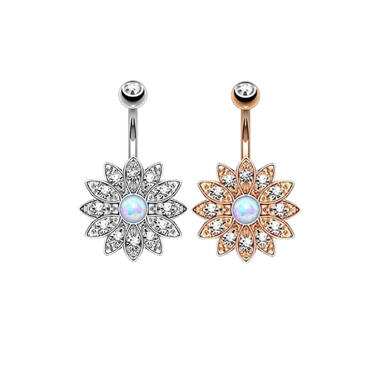 Exquisite Opal Flower Navel Ring Set - 5 Piece Rose Gold Belly Button Jewelry - Image 4