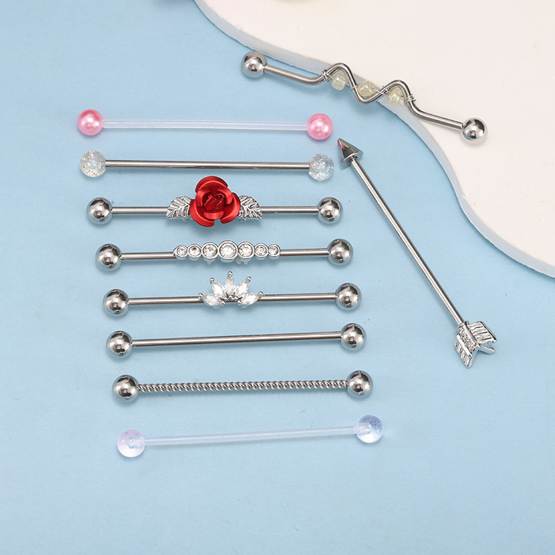 10-Piece 14G Stainless Steel Industrial Ear Studs Set - Gold Straight Bar with Zircon Flower Long Bar Ear Bridge Studs for Helix Piercing - Image 3