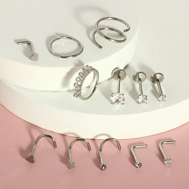 Stainless Steel 12-Piece Nose Stud Set Basic Nose Ring with Heart-Shaped Zircon Piercing Jewelry Best Seller - Image 3
