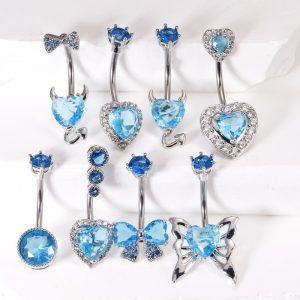 Europe USA Cross-Border Amazon Love Belly Button Nail Blue Diamond Zircon Female Navel Ring Hot Girl Piercing Jewelry