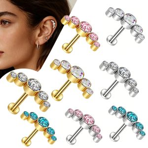16G Stainless Steel Internally Threaded Cartilage Ear Stud, Multi-Color Diamond-Encrusted Flat-Bottom Lip Stud, 1 Piece