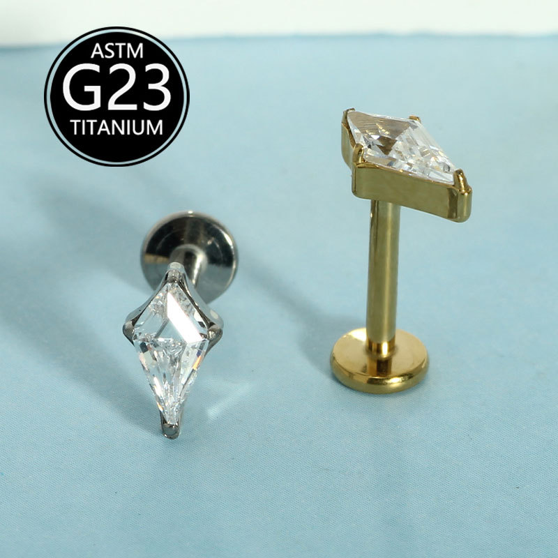 G23 Titanium Alloy Rhombus Threaded Zircon Earrings Lip Stud Earrings Cross Border Body Piercing Jewelry - Image 2
