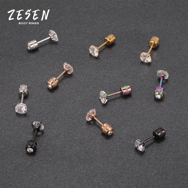 0.8 Thin Rod Double-Sided CZ Earrings for Men Women Titanium Steel Screw Ear Bone Nail 14K Gold Plated Wholesale - Image 2