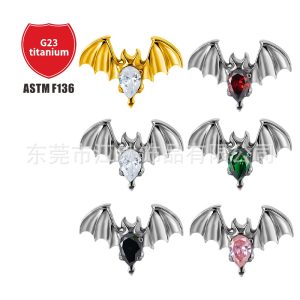 Bat Head G23 Titanium Alloy Ear Stud Cartilage Piercing Jewelry Gold with White Zircon