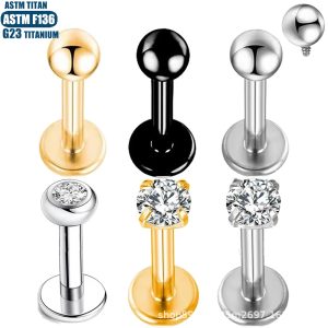 G23 Titanium Alloy Lip Stud with Zircon Gem Inner Spiral Threading Lip Ring Earring Body Piercing Jewelry