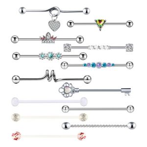 Heart Shaped Industrial Barbell Ear Studs Stainless Steel Cartilage Piercing Jewelry Set