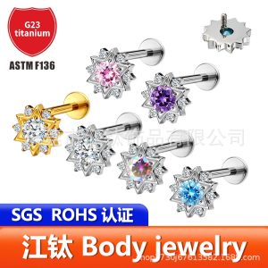 G23 Titanium Alloy Snowflake Six-Pointed Star Inlaid Zircon Ear Cartilage Stud Earring Body Piercing Jewelry