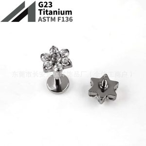 F136 Titanium 7-Drill Flower with Zirconium Internal Thread Labret Stud - G23 Titanium Lip/Ear/Ear Bone Piercing Jewelry