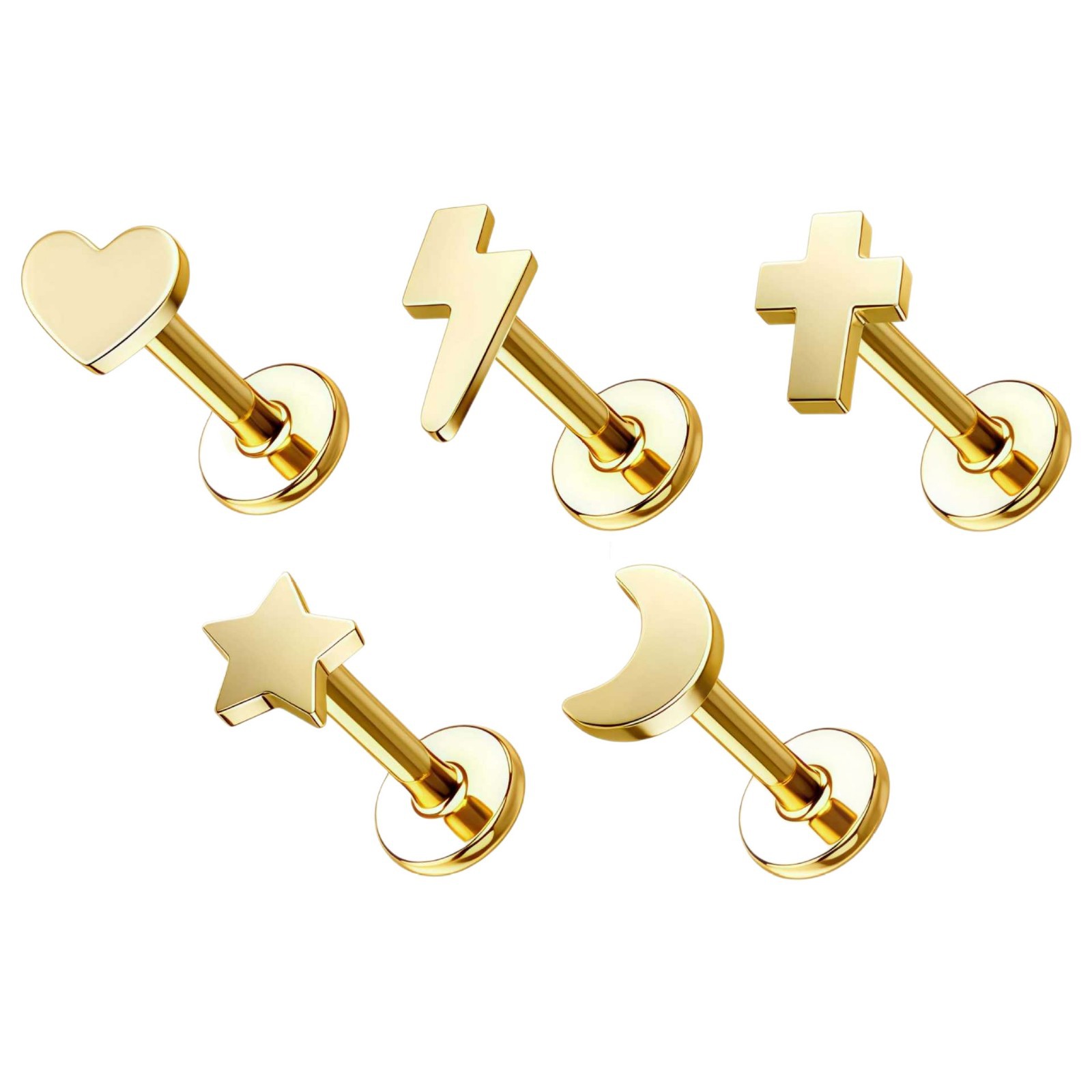 F136 Titanium 18K Gold-Plated Moon Star Heart Lightning Lip Earrings Ear Bone Stud Nail G23 Titanium Alloy Piercing Jewelry - Image 5