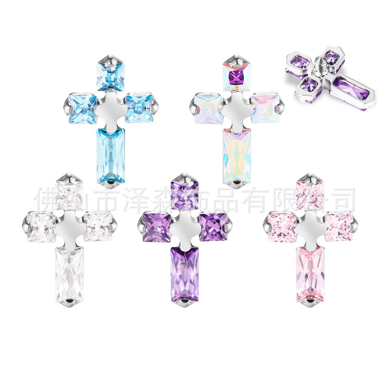 F136 Titanium Alloy Earrings Cross Diamond Lip Nail Inlaid Zircon Ear Bone Nail Body Piercing Jewelry - Image 2