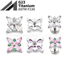 F136 Titanium Internal Thread Cross Flower Zircon Ear Lip Nail Barbell - G23 Titanium Body Piercing Jewelry