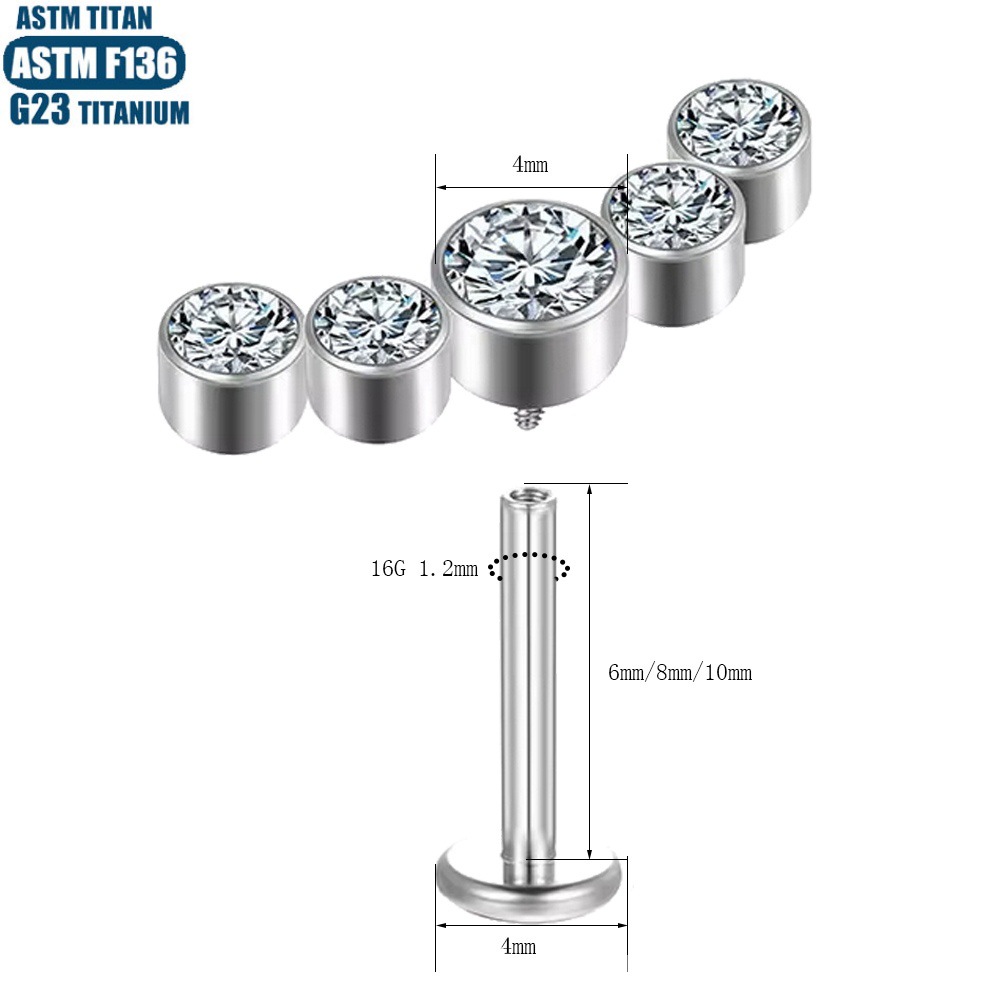 F136 Titanium Lip Ring with CZ Inner Thread Diaphragm Earring Piercing Jewelry Silver 1.2x10mm - Image 4