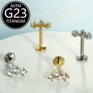 G23 Titanium Lip Stud with Zircon Internally Threaded Piercing Jewelry Cartilage Ear Bone Stud