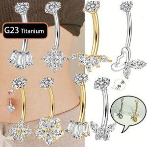 G23 Titanium Navel Piercing with Internal Prong-Set Marquise CZ Curved Bar 14G Belly Ring Jewelry