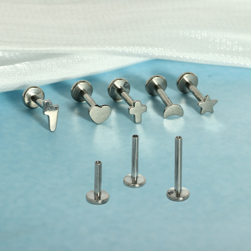 G23 Titanium Cross Heart Lightning Moon Star Inner Thread Lip Barbell/Ear Stud Piercing Jewelry - Image 2