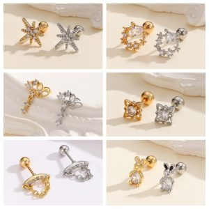 18K Real Gold Inlaid Zircon Stainless Steel Rod Snowflake Chain Tassel Pendant Ear Bone Nail Cartilage Piercing Earrings
