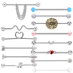 Industrial Barbell Earring Set Stainless Steel Heart Dangle Ear Studs Double Ear Holes Earrings Kit 14 Pieces Vintage Retro Style