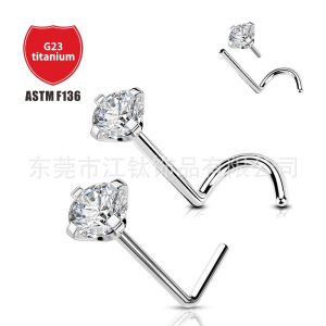 G23 Titanium Nose Stud with 5A Zircon Inlay - Threadless Push-Fit Nose Screw Plug-In Nose Pin - ASTM F136 Titanium Nose Jewelry Wholesale