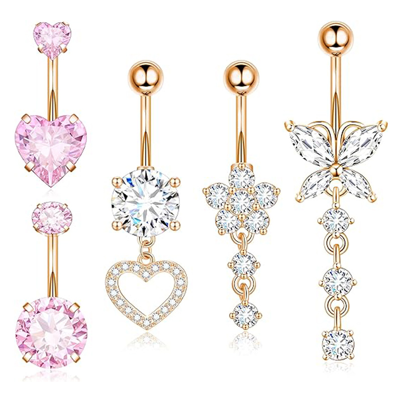 Amazon Hot Pink 5-Piece Set Stainless Steel Zircon Belly Button Ring Nail Rose Gold Love Combination - Image 5