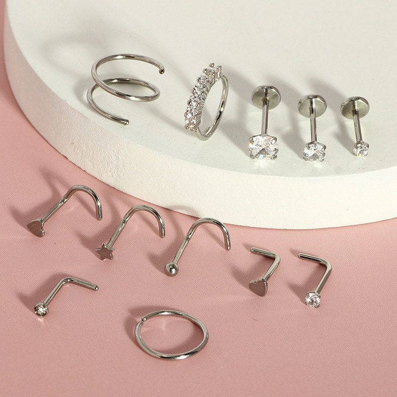 Stainless Steel 12-Piece Nose Stud Set Basic Nose Ring with Heart-Shaped Zircon Piercing Jewelry Best Seller - Image 4