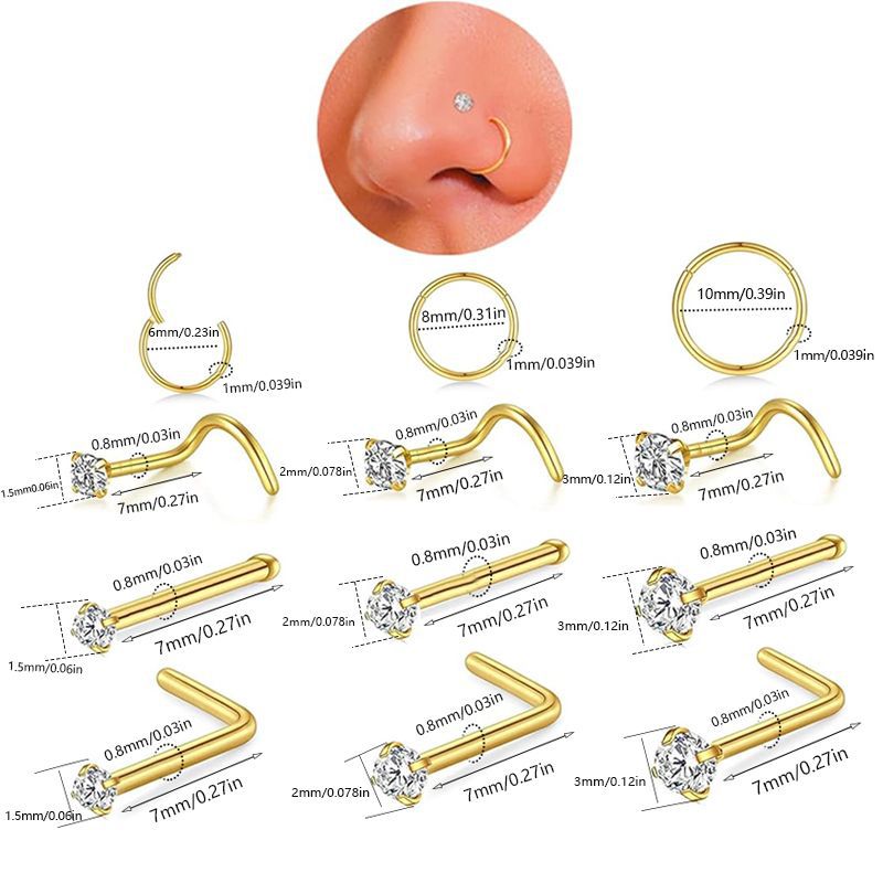 12-Piece Diamond Nose Ring Set Stainless Steel Nose Stud Hoop Combo Piercing Jewelry 18K Gold Plated - Image 2