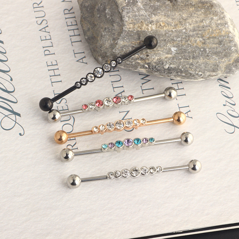 14G External Thread Industrial Barbell Earrings - 7-Drill Zircon Ear Bridge Double Hole Straight Rod for Piercing - Image 4