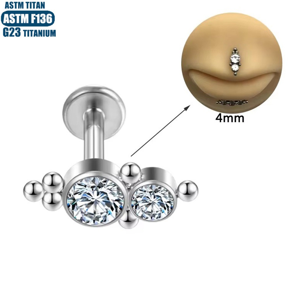 G23 Titanium Zircon Bead Cluster Lip Ring Stud Earring Body Piercing Jewelry Silver 1.2*10mm - Image 3