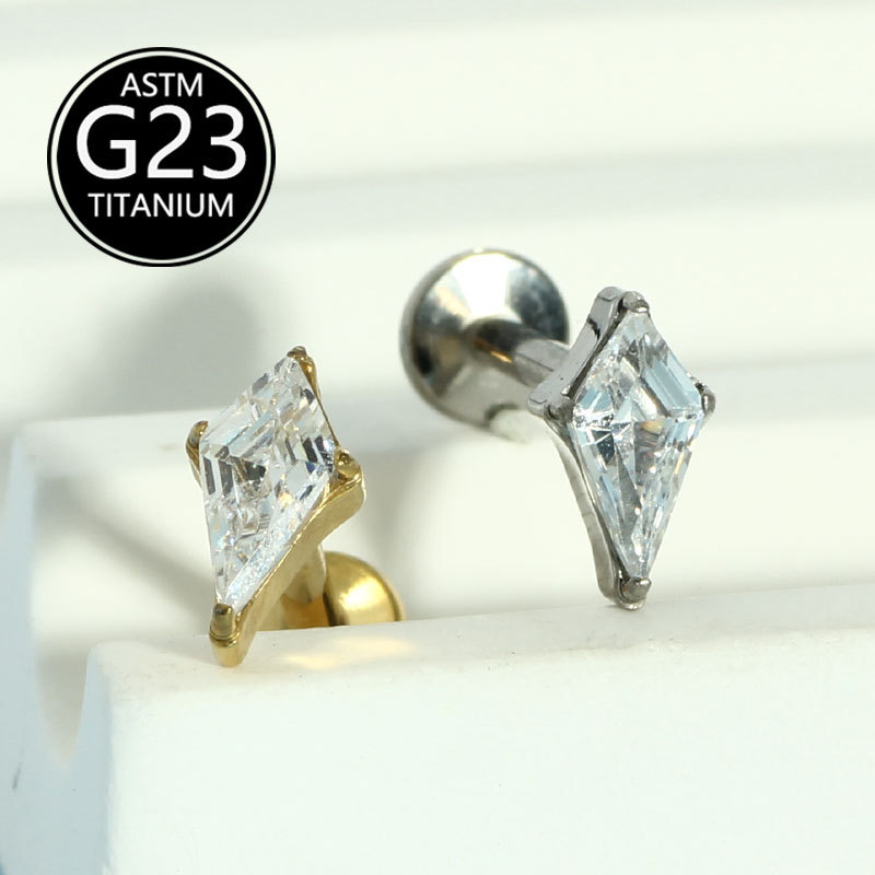 G23 Titanium Alloy Rhombus Threaded Zircon Earrings Lip Stud Earrings Cross Border Body Piercing Jewelry - Image 5