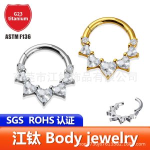G23 Titanium Nose Ring with Heart Zircon Septum Piercing Jewelry 1.2x10mm Gold