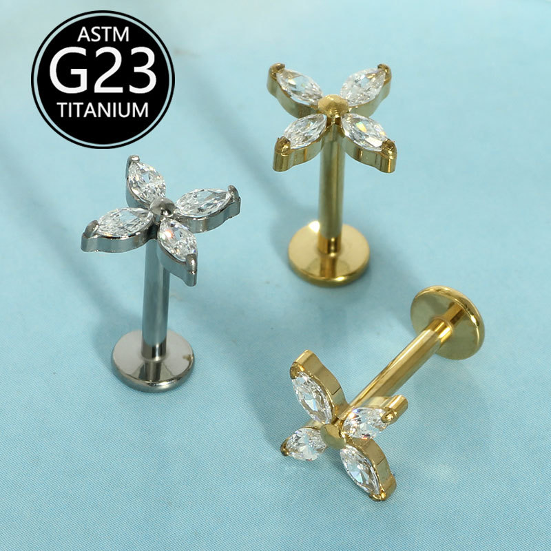 G23 Titanium Four-Petal Marquise Zircon Lip Labret Stud Unisex Elegant Versatile Lip Piercing Jewelry - Image 2