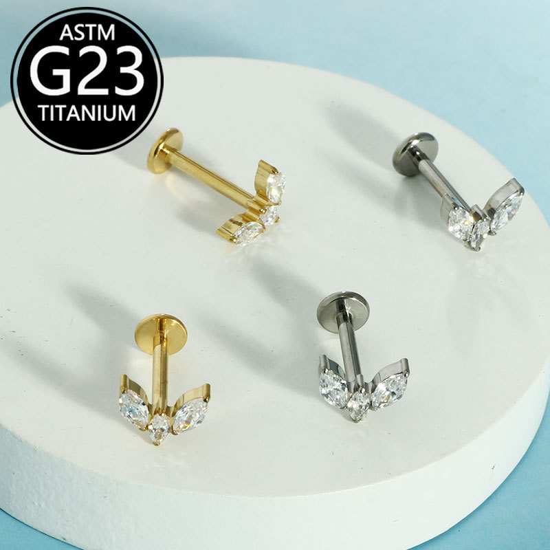 G23 Titanium Alloy Internal Thread Marquise Ear Bone Stud Lip Stud Body Piercing Jewelry - Image 2