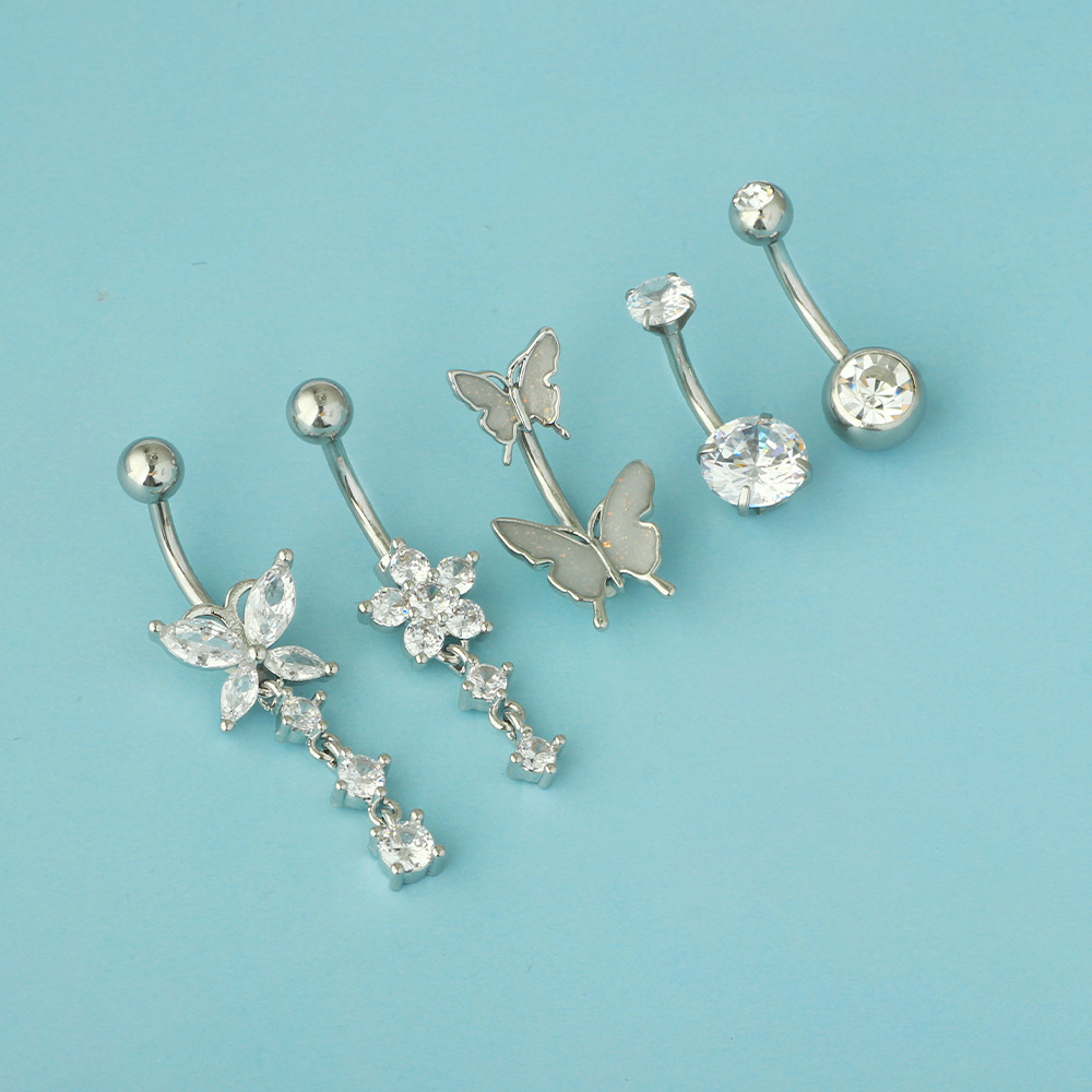 Cross-border Hot New Five-piece Butterfly Flower Zircon Navel Ring Piercing Jewelry Navel Nail Amazon in stock - Image 3