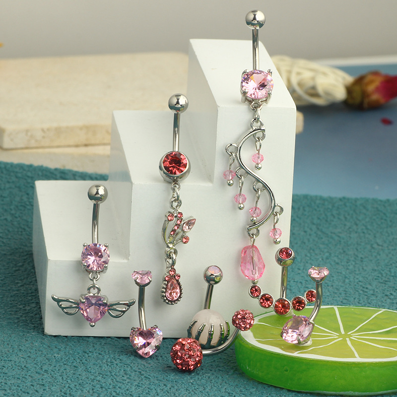 Amazon Popular 8 Piece Navel Love Wings Pink Series Navel Ring Earrings Piercing Products - Image 3