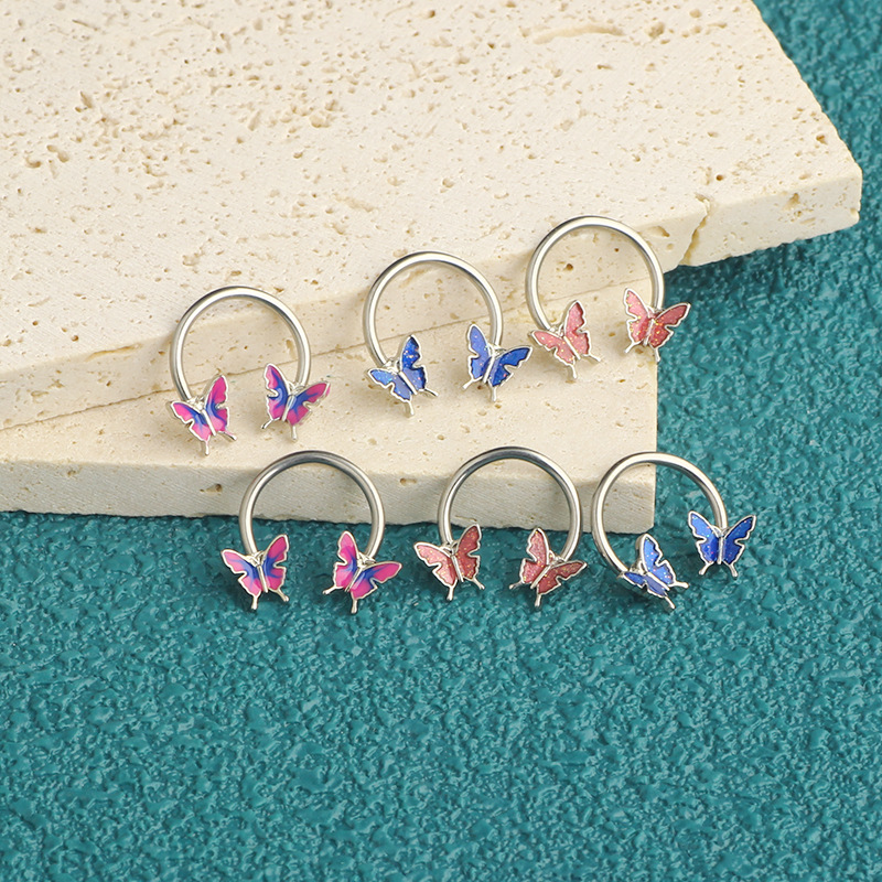 Stainless Steel Oil Dripping Butterfly Nose Ring Sequin Nose Stud Ear Bone Ring Piercing Horseshoe 16G - Image 3