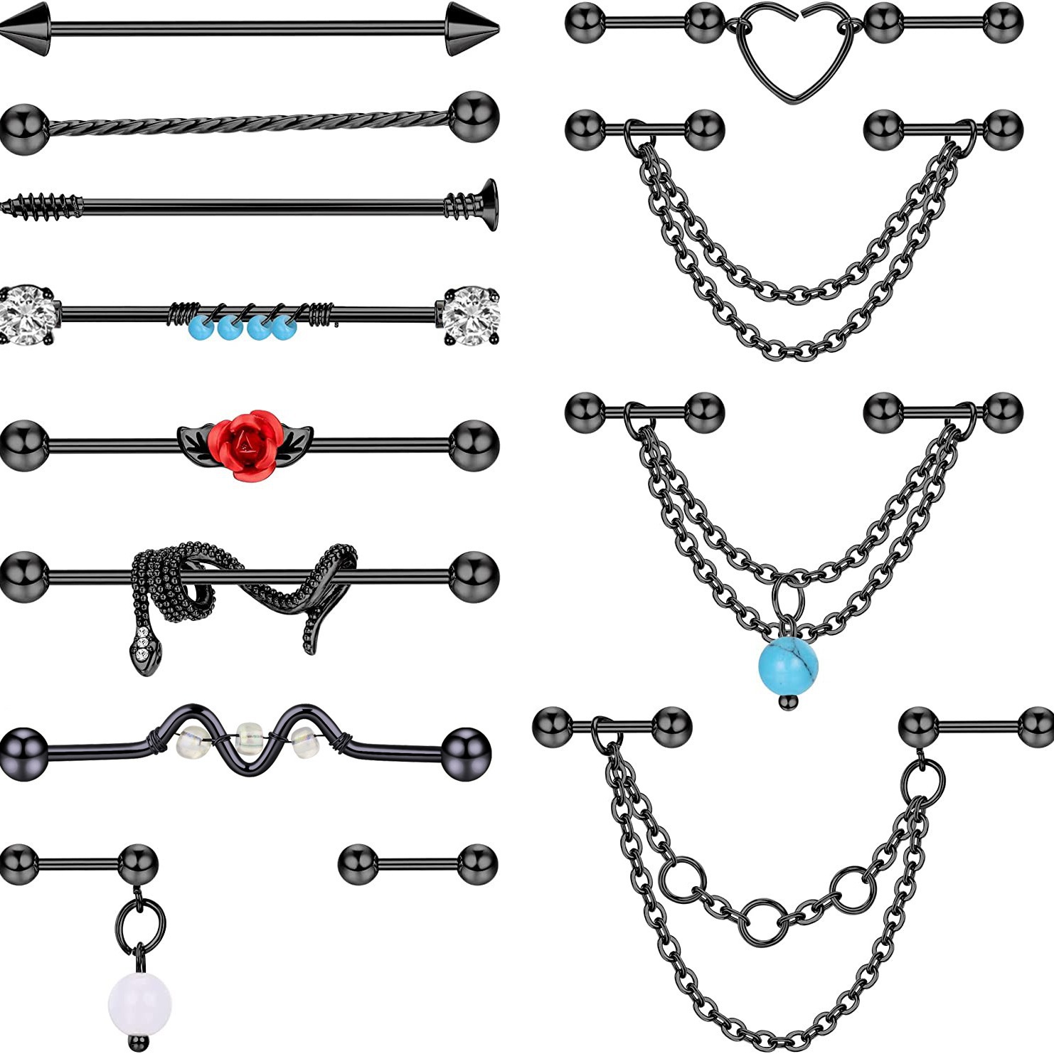 13Pcs Industrial Barbell and Ear Bone Nail Set Handmade Chain Earrings European American Body Jewelry Rose Gold Turquoise - Image 2